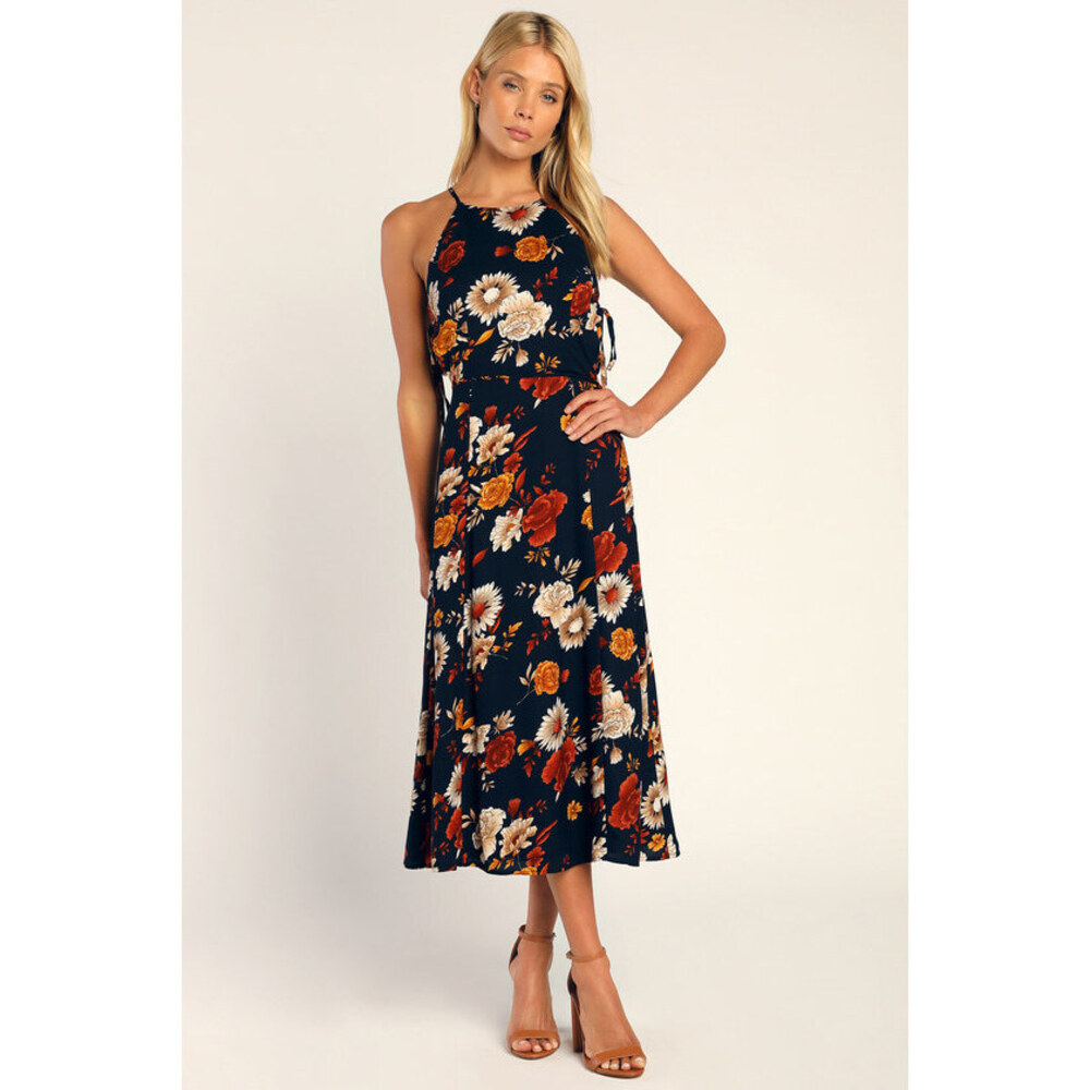 Lulus Flourishing Flirt Navy Blue Floral Cutout Halter Midi Dress - Size M